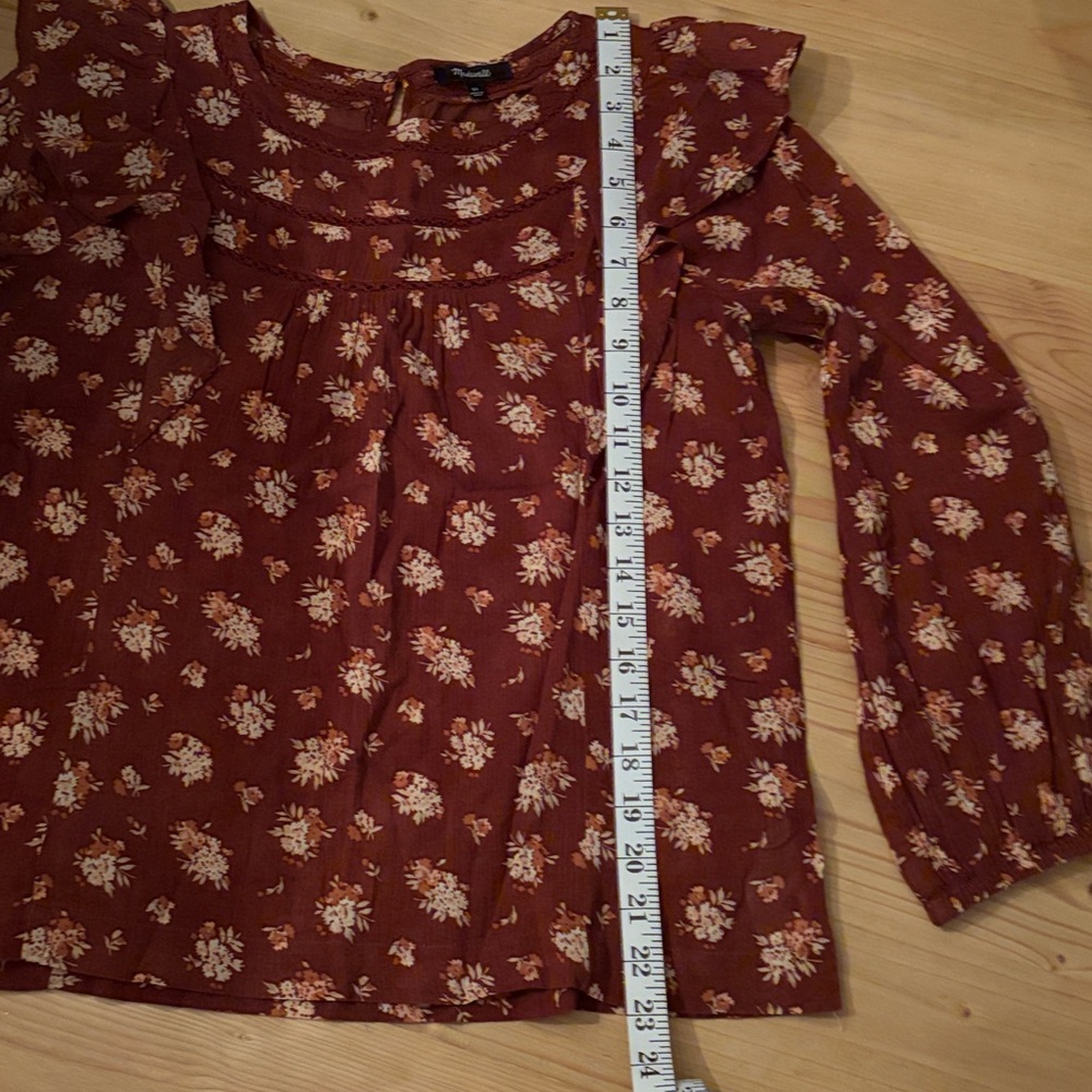 Madewell Ladder Trim Ruffle top burgundy floral Loose boho Women’s oversized XS - Picture 9 of 9